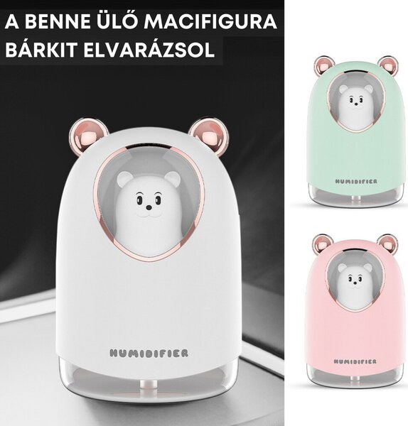 USB zvlhčovač vzduchu s figúrkou medvedíka, náladové osvetlenie, 300 ml - biely