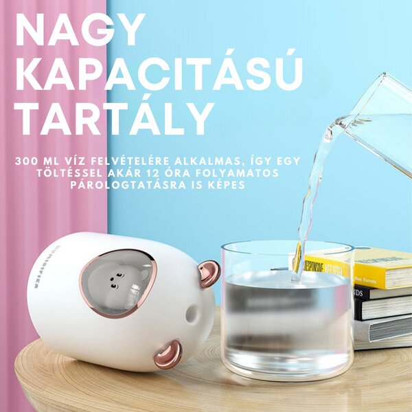 USB zvlhčovač vzduchu s figúrkou medvedíka, náladové osvetlenie, 300 ml - biely