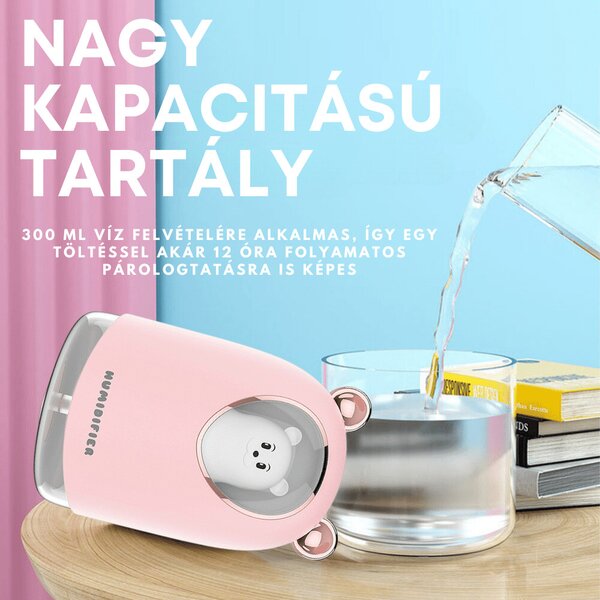 USB zvlhčovač vzduchu s figúrkou medvedíka, náladové osvetlenie, 300 ml - ružový