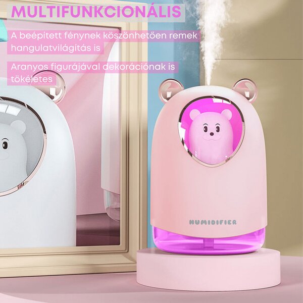 USB zvlhčovač vzduchu s figúrkou medvedíka, náladové osvetlenie, 300 ml - ružový