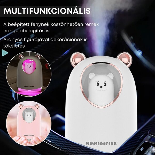 USB zvlhčovač vzduchu s figúrkou medvedíka, náladové osvetlenie, 300 ml - biely