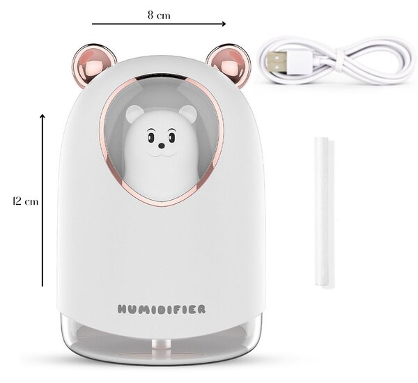 USB zvlhčovač vzduchu s figúrkou medvedíka, náladové osvetlenie, 300 ml - biely