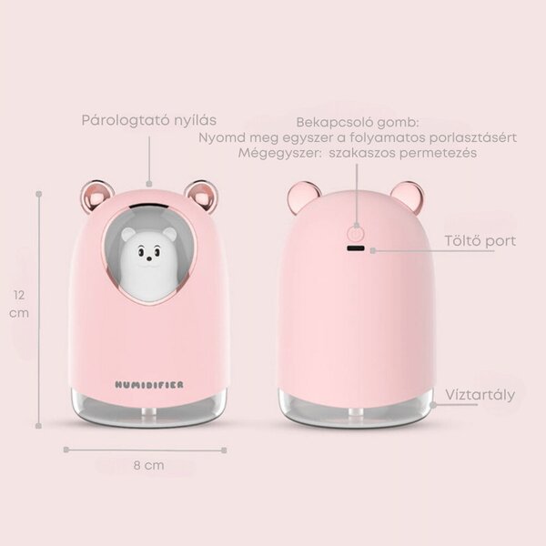 USB zvlhčovač vzduchu s figúrkou medvedíka, náladové osvetlenie, 300 ml - ružový