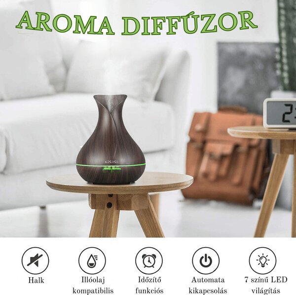 Ultrazvukový aromaterapeutický difuzér v tvare vázy - tmavé drevo