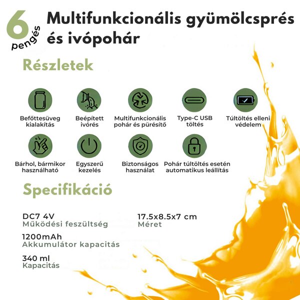 Multifunkčný prenosný mixér a pohár na pitie, 340 ml – zelený