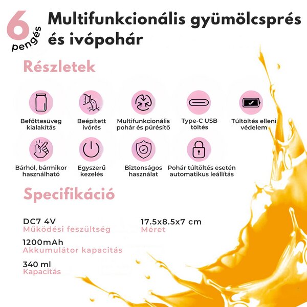 Multifunkčný prenosný mixér a pohár na pitie, 340 ml - ružový