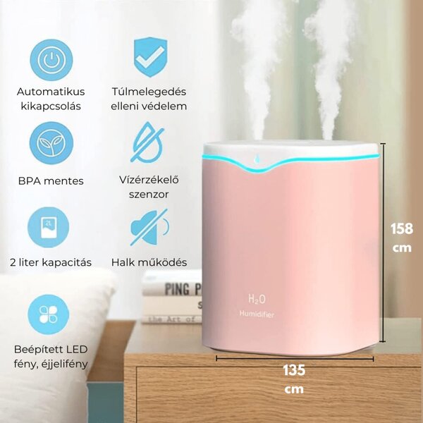 Veľký zvlhčovač vzduchu H2O RGB - 2000 ml - ružový