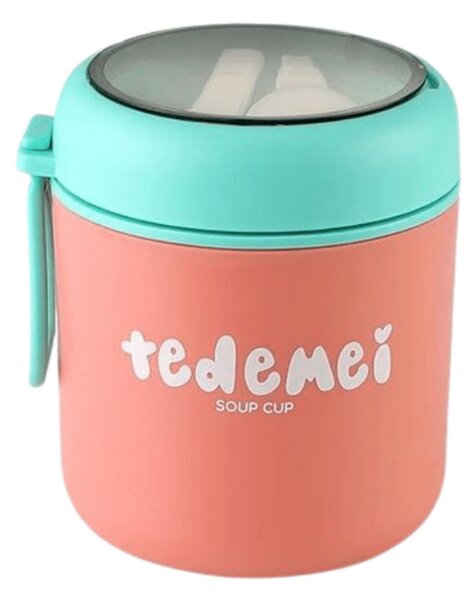 Tedemei nádoba na potraviny odolná voči vyliatiu so skladacou lyžičkou 530 ml - ružová/zelená
