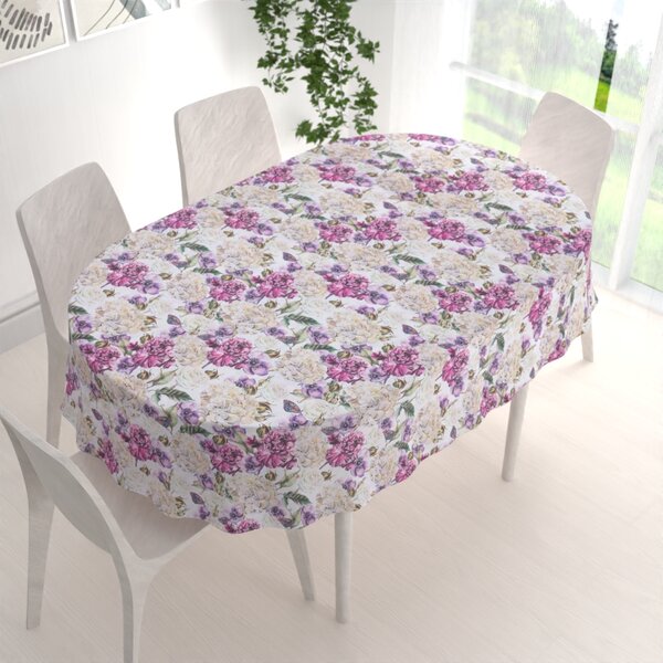 Biante Dekoračný oválny obrus PML-108 Fialové kvety s motýlikmi na bielom 50x100 cm