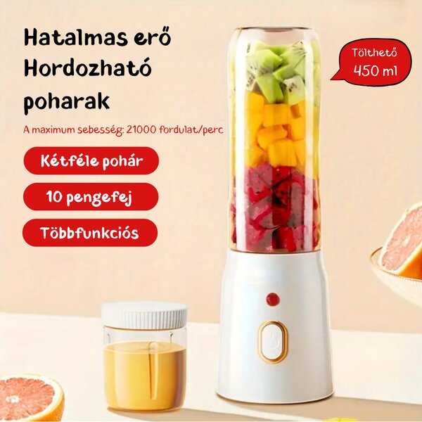 Prenosný, multifunkčný, bezdrôtový mini mixér s prenosnými pohármi - 450 ml - biely