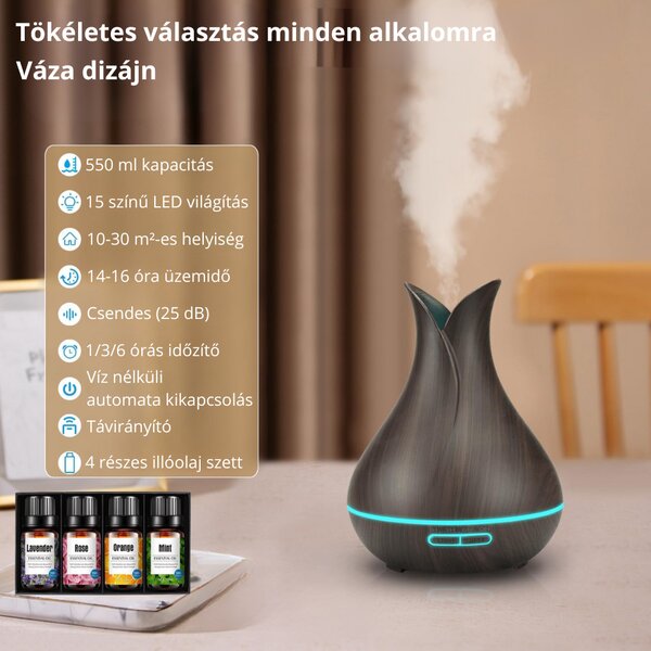 Váza Formájú Ultrahangos Aromaterápiás Diffúzor és Pulaiyi 4 Részes Illóolaj Szett - Sötét Fa
