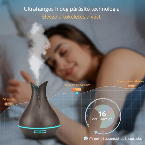 Váza Formájú Ultrahangos Aromaterápiás Diffúzor és Pulaiyi 4 Részes Illóolaj Szett - Sötét Fa