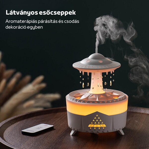 Farebný aromaterapeutický difuzér Raindrop s farebnými svetlami, kvapkami vody, diaľkovým ovládaním a časovačom - biely