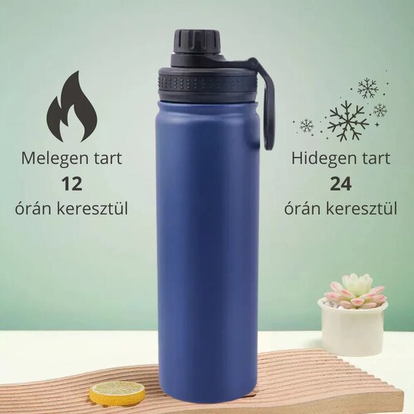 Modrá termoska z nehrdzavejúcej ocele s nepriepustným uzáverom, funkcia udržiavania chladu aj tepla - 650 ml