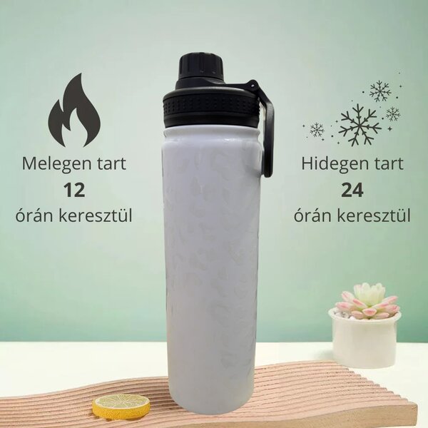 Biela termoska s leopardím vzorom vyrobená z nehrdzavejúcej ocele s nepriepustným uzáverom, funkcia udržiavania chladu aj tepla - 650 ml