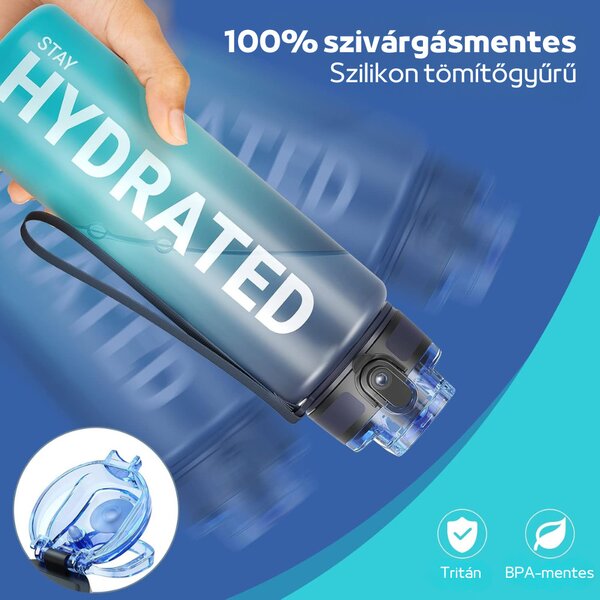 Fľaša na vodu s potlačou a gradientným vzorom s nepriepustným uzáverom - 1000 ml - čierna/tyrkysová