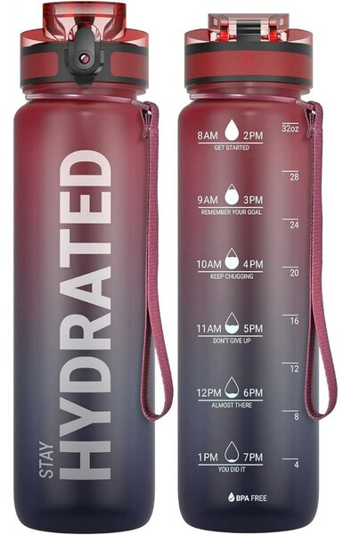 Fľaša na vodu s potlačou a gradientným vzorom s nepriepustným uzáverom - 1000 ml - bordová/modro-čierna