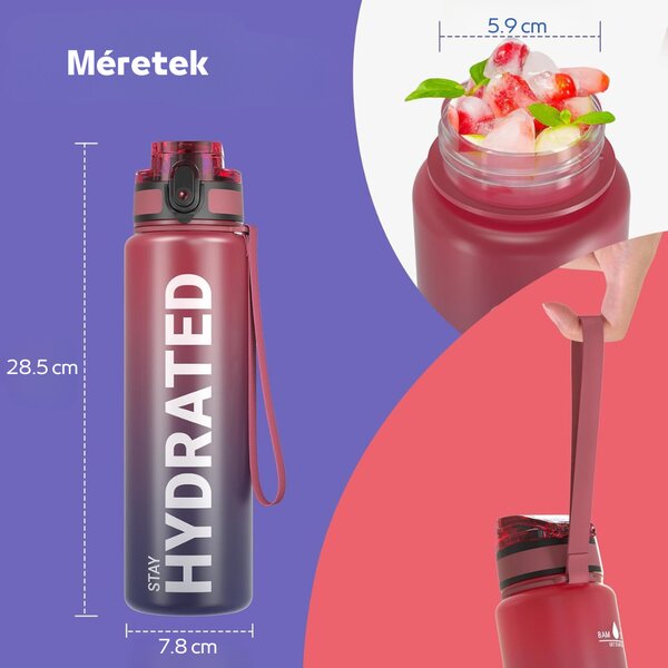 Fľaša na vodu s potlačou a gradientným vzorom s nepriepustným uzáverom - 1000 ml - bordová/modro-čierna