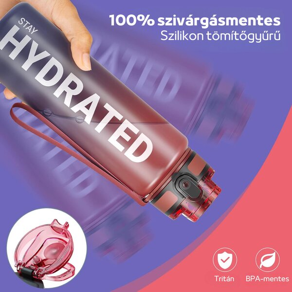 Fľaša na vodu s potlačou a gradientným vzorom s nepriepustným uzáverom - 1000 ml - bordová/modro-čierna