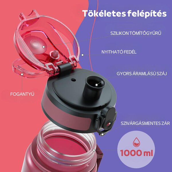 Fľaša na vodu s potlačou a gradientným vzorom s nepriepustným uzáverom - 1000 ml - bordová/modro-čierna