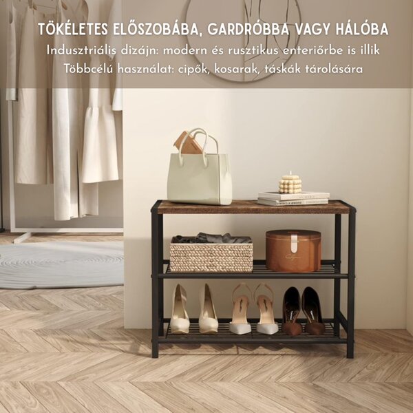 3-poschodový regál na topánky, pevný, odolný kovový rám, vodovzdorný materiál, hnedý