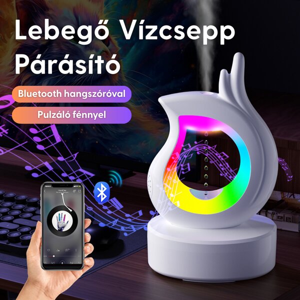 Plávajúci zvlhčovač vzduchu s kvapkou vody, Bluetooth reproduktorom a náladovým osvetlením, biely