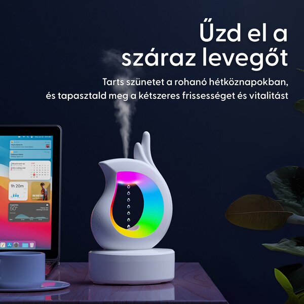 Plávajúci zvlhčovač vzduchu s kvapkou vody, Bluetooth reproduktorom a náladovým osvetlením, biely