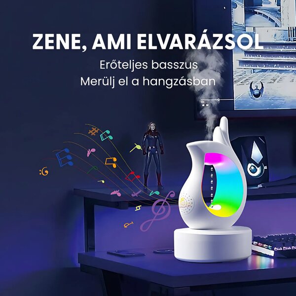 Plávajúci zvlhčovač vzduchu s kvapkou vody, Bluetooth reproduktorom a náladovým osvetlením, biely