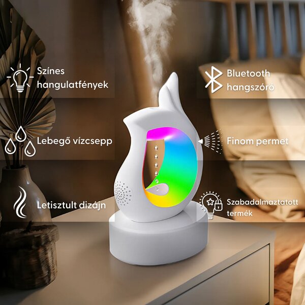 Plávajúci zvlhčovač vzduchu s kvapkou vody, Bluetooth reproduktorom a náladovým osvetlením, biely