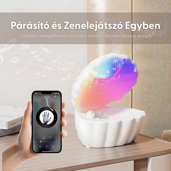 Zvlhčovač vzduchu v tvare mušle s kvapkou vody, Bluetooth reproduktorom a náladovým osvetlením, biely