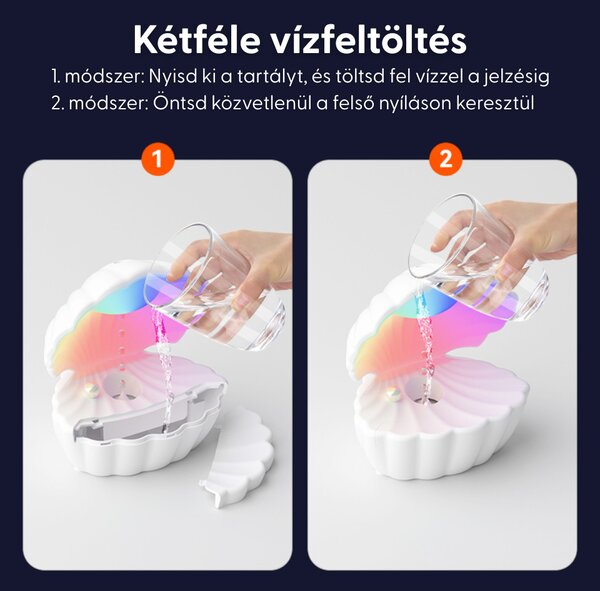 Zvlhčovač vzduchu v tvare mušle s kvapkou vody, Bluetooth reproduktorom a náladovým osvetlením, biely