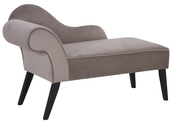 Leňoška sivohnedá zamatová čalúnená tmavé drevené nohy ľavostranná retro elegantný dizajn