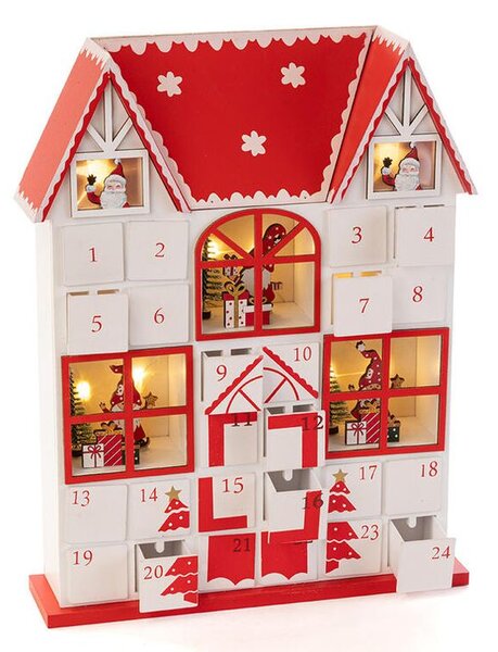 Drevený LED adventný kalendár so zásuvkami DOMČEK červený