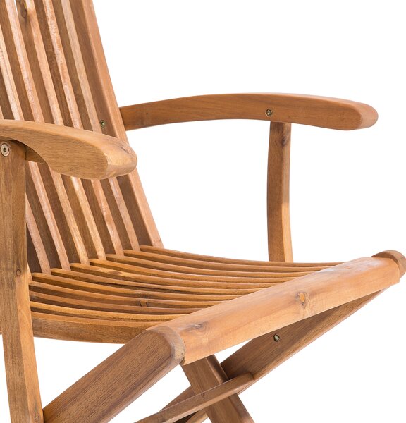 Sada 2 záhradných jedálenských stoličiek svetlé akáciové drevo biele sedacie vankúše skladacie rustikálny štýl