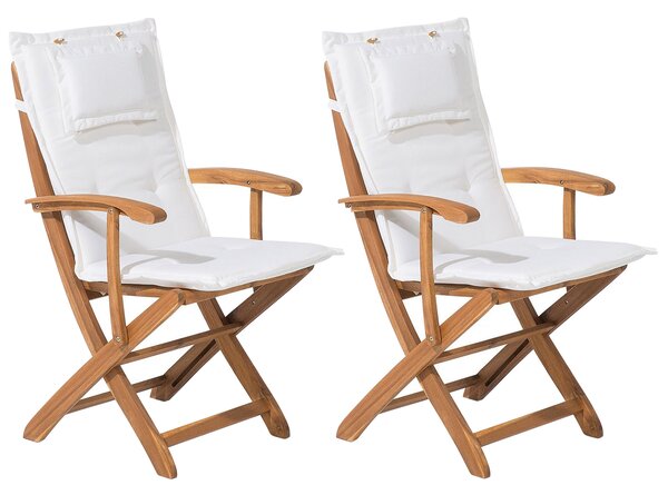 Sada 2 záhradných jedálenských stoličiek zo svetlého dreva s bielym vankúšom z akáciového dreva, skladací rustikálny dizajn