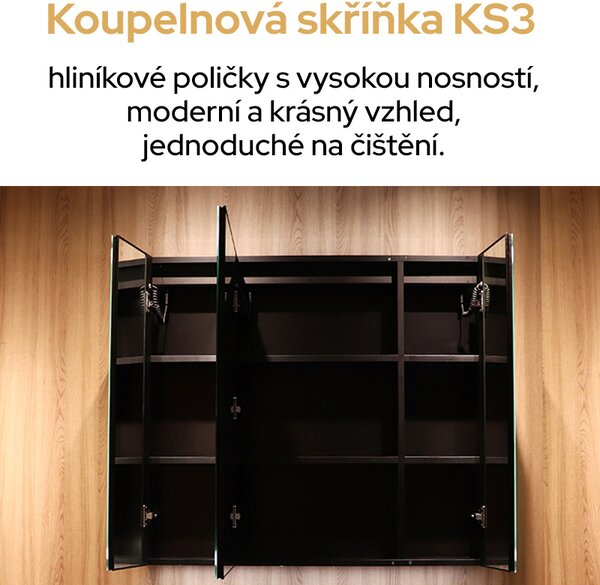 Bezdoteku Kúpeľňová skrinka trojdverová so zrkadlom a LED osvetlením KS3