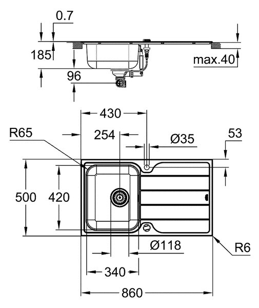GROHE K500 - Drez z nehrdzavejúcej ocele s odkvapkávačom, kartáčovaná nerezová oceľ 31571SD1