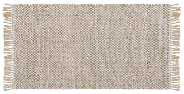Koberec béžový jutový bavlnený 80 x 150 cm so strapcami ručne tkaný boho chodba spálňa
