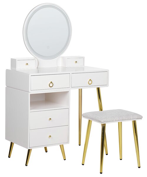 Toaletný stolík biela a zlatá MDF 6 zásuviek LED zrkadlo stolička nábytok do obývačky glamour dizajn