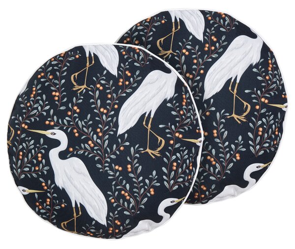 Sada 2 záhradných vankúšov čierna polyester ⌀ 40 cm okrúhla motív vtákov moderný štýl vonkajšie dekorácie vodoodolné