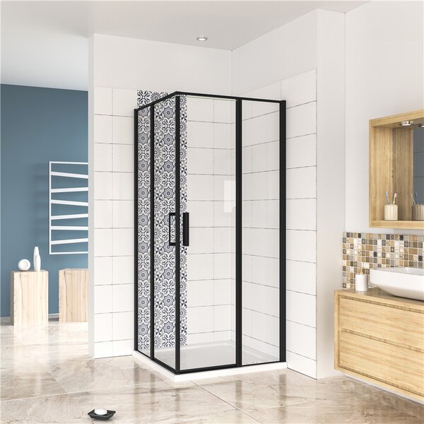 Štvorcový sprchovací kút BLACK SAFIR R909, 90 × 90 cm, s dvomi jednokrídlovými dverami s pevnou stenou, rohový vstup vrátane sprchovej vaničky z liateho mramoru