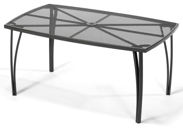 Obdĺžnikový záhradný stolík s rozmermi 150 x 90 x 71 cm je vyrobený z kovu s čiernym lakovaným povrchom