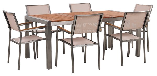 Záhradný stôl a stoličky ľahké eukalyptové drevo 180 x 90 cm 6 béžových stohovateľných stoličiek