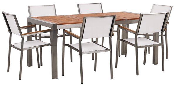 Sada záhradného stola a stoličiek zo svetlého eukalyptového dreva 180 x 90 cm, 6 stohovateľných bielych stoličiek