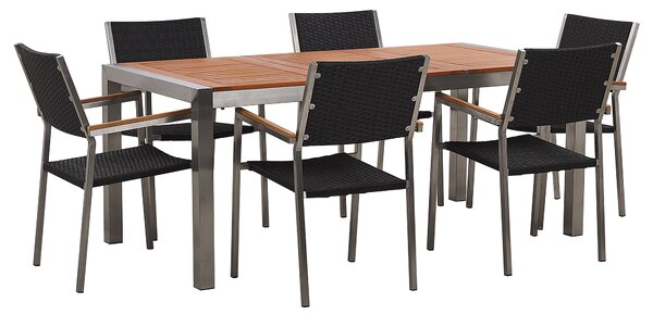 Sada záhradného nábytku stôl a stoličky, ľahké eukalyptové drevo 180 x 90 cm, 6 čiernych ratanových stoličiek