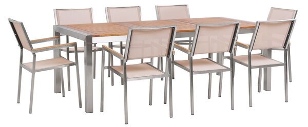 Záhradná jedálenská súprava svetlý drevený stôl doska z eukalyptového dreva 220 x 100 cm 8 béžových textilných stoličiek
