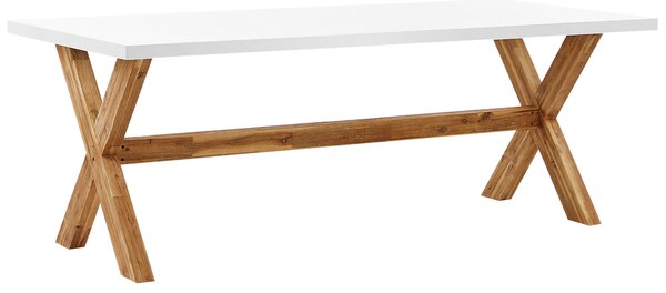 Záhradný jedálenský stôl biela svetlé drevo betónová vrchná doska 200 x 100 cm obdĺžnikový pre 8 osôb moderný štýl interiér exteriér