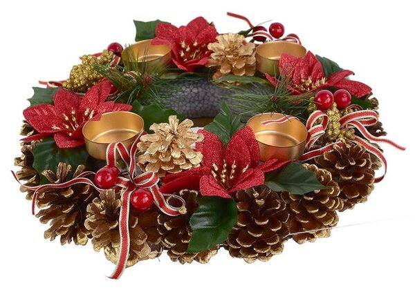 Adventný šiškový veniec POINSETTIA s mašľou 30 cm