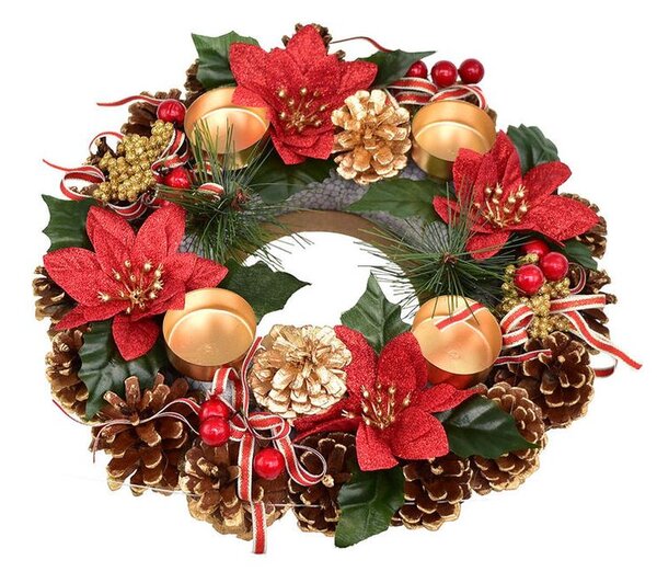 Adventný šiškový veniec POINSETTIA s mašľou 30 cm