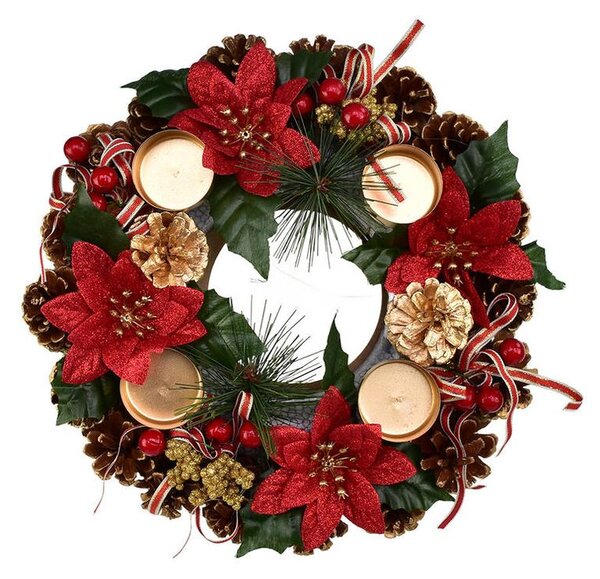 Adventný šiškový veniec POINSETTIA s mašľou 30 cm